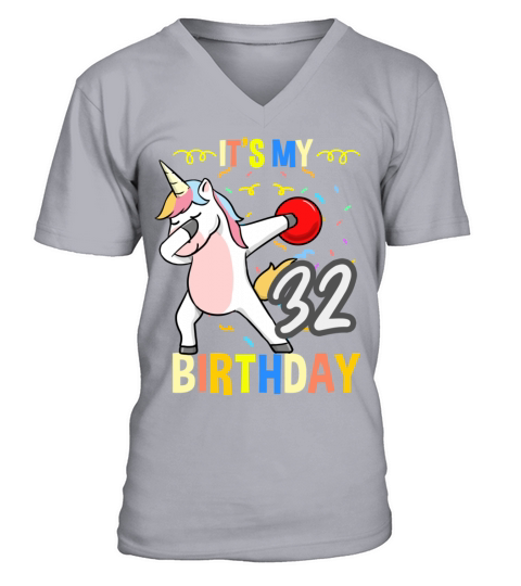 Its My 32nd Birthday Dabbing Unicorn Bowling V-Neck T-shirt