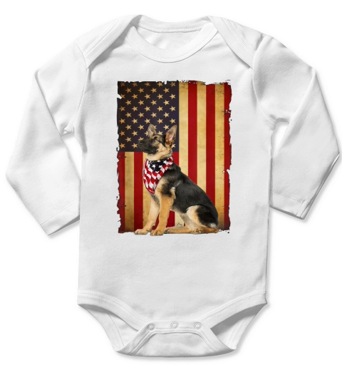 Vintage German Shepherd Dog 4th Of July American Flag shirt Long Sleeve Baby One-Piece
