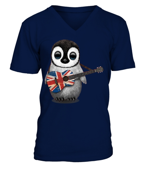 Baby Penguin Playing British Flag Guitar V-Neck T-shirt