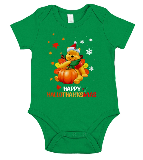 Pooh Bear happy Hallothanksmas Short Sleeve Baby One-Piece