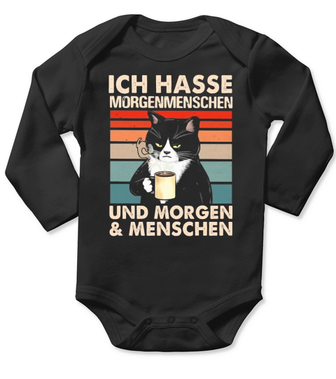 Black Cat Ich Hasse Morgenmenschen Und Morgen And Menschen Long Sleeve Baby One-Piece