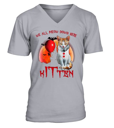 Halloween We All Meow Down Here Kitten IT Clown Cat shirt V-Neck T-shirt