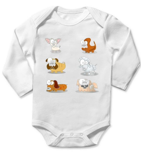 Cute Six Cartoon Dogs Chihuahua Dachshund Poodle Pug T Shirt Long Sleeve Baby One-Piece