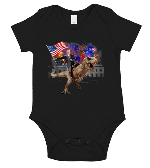 Trump Riding a Dinosaur T-rex Fireworks American Flag shirt Short Sleeve Baby One-Piece