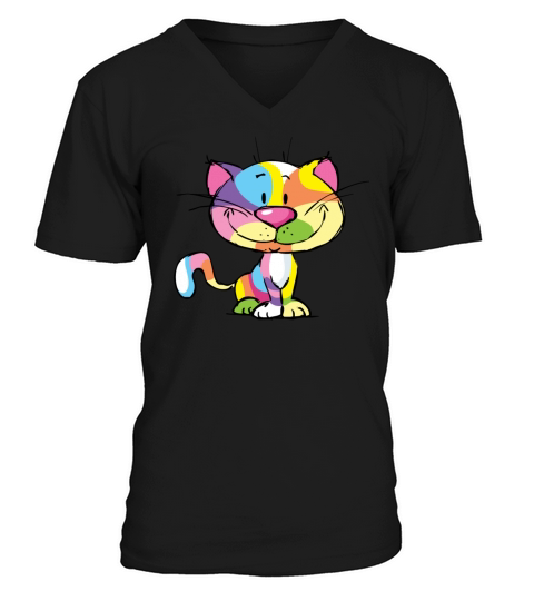 Cute Kitty Cartoon Colorful Pop Art Design V-Neck T-shirt