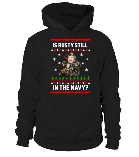 Jim’s Whimz Is Rusty still in the Navy Ugly Christmas Hoodie Unisex