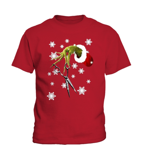 Christmas Grinch’s hand holding hair stylist scissor shirt Kids T-Shirt
